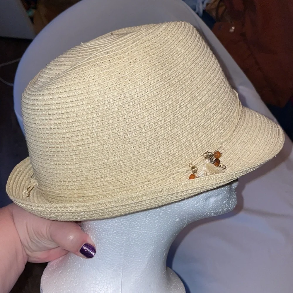 Nine West Straw Fedora Hat with Bead Tassel Charm Details Tan